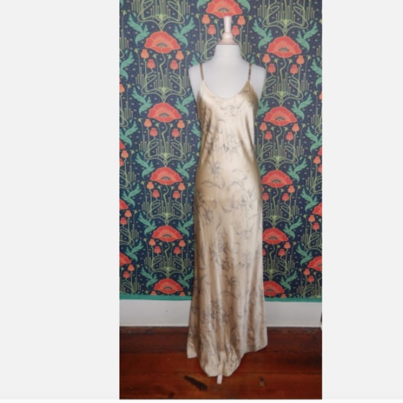 Beige Floral Satin Silk Plunge Back Maxi Slip Long Dress 8 - Picture 1 of 8